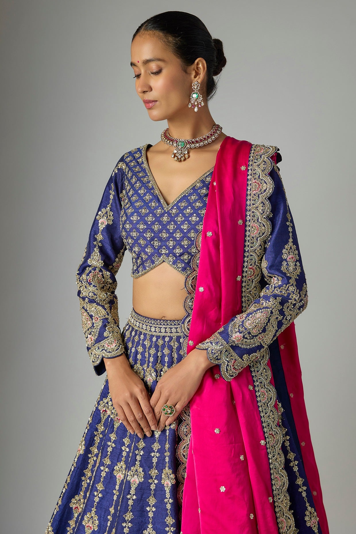 Navy Raw Silk Lehenga Set
