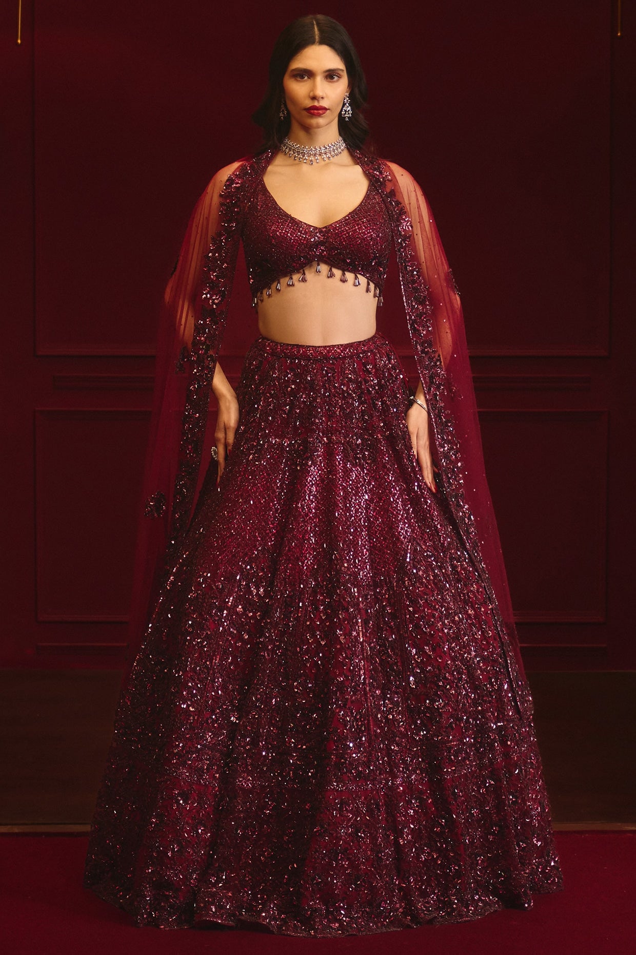 Crimson Net Embroidered Lehenga Set