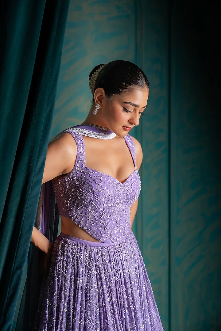Lavender Viscose Georgette Sequins Embroidered Lehenga Set