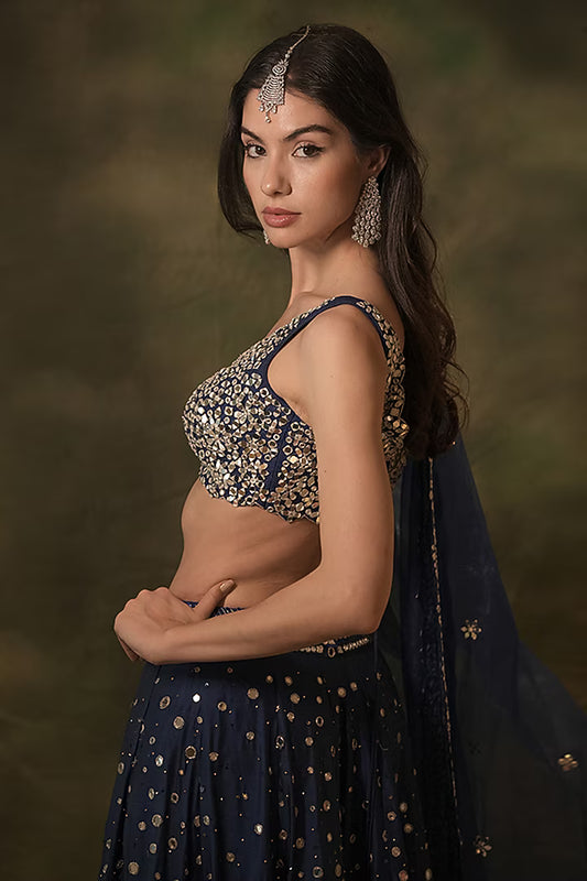 Blue Raw SIlk Mirror Hand Embroidered Lehenga Set