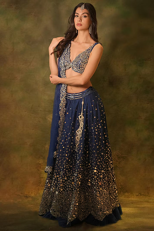 Blue Raw SIlk Mirror Hand Embroidered Lehenga Set