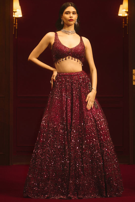 Crimson Net Embroidered Lehenga Set