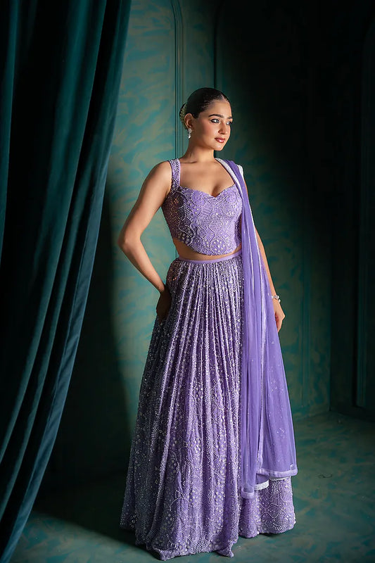 Lavender Viscose Georgette Sequins Embroidered Lehenga Set