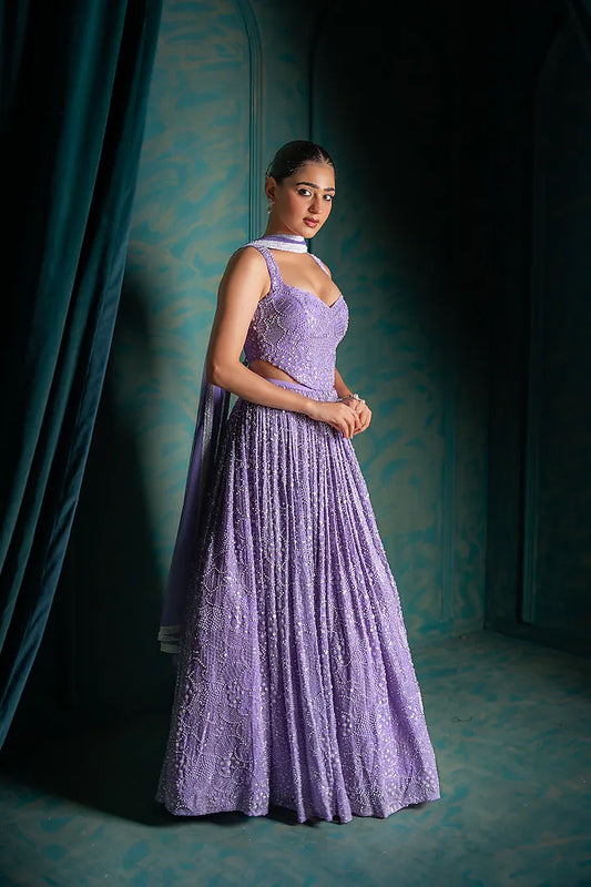 Lavender Viscose Georgette Sequins Embroidered Lehenga Set